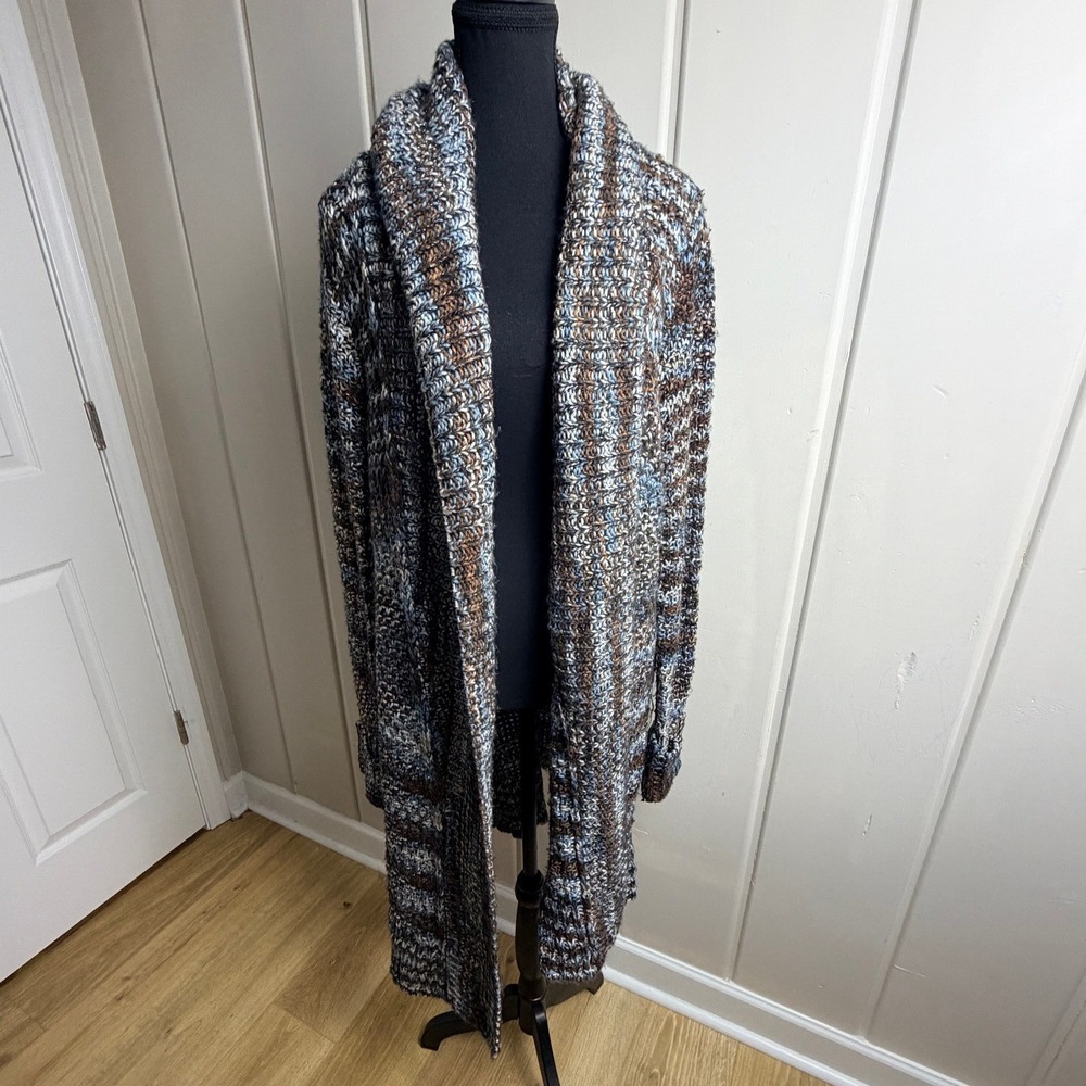 Westport Womens XL Open Front Longline Shawl Collar Cardigan Blue Brown Marled